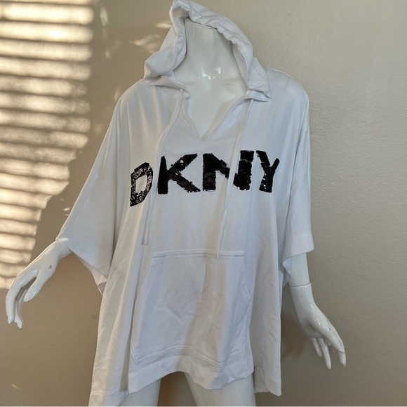 DKNY White Poncho Hooded Sweatshirt with Black Sequins Logo - Picture 2 of 9